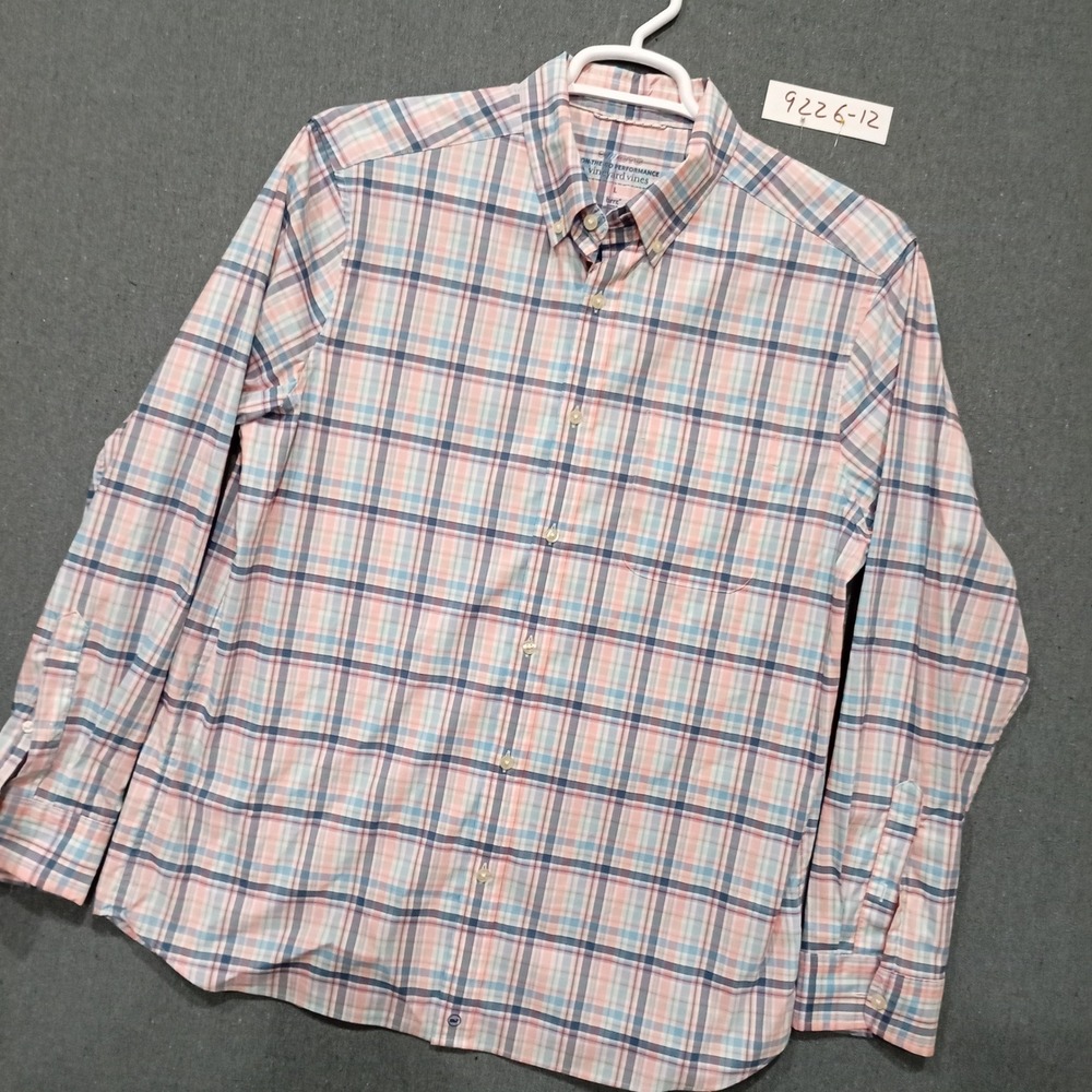 Vineyard Vines OTG Performance Shirt Mens Large Pink Blue Plaid Brrr Cooling L